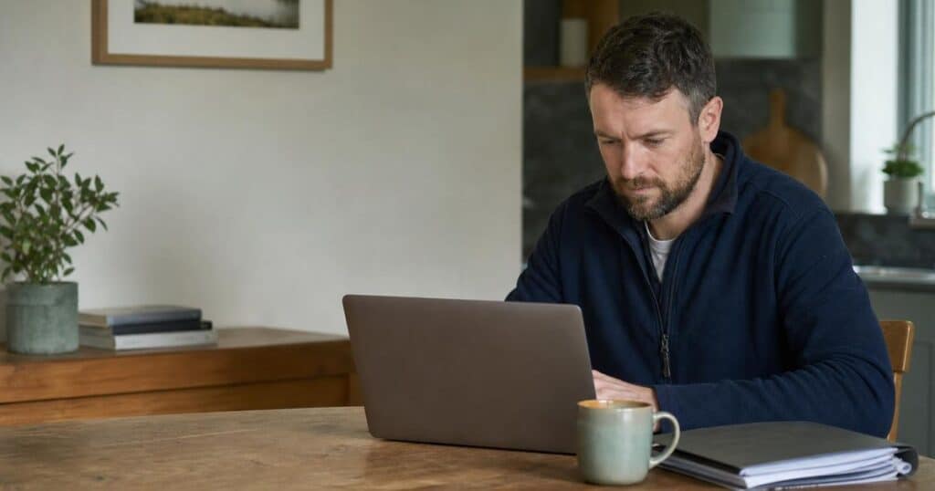 Self-employed person completing a Form 11 income tax return at a kitchen table