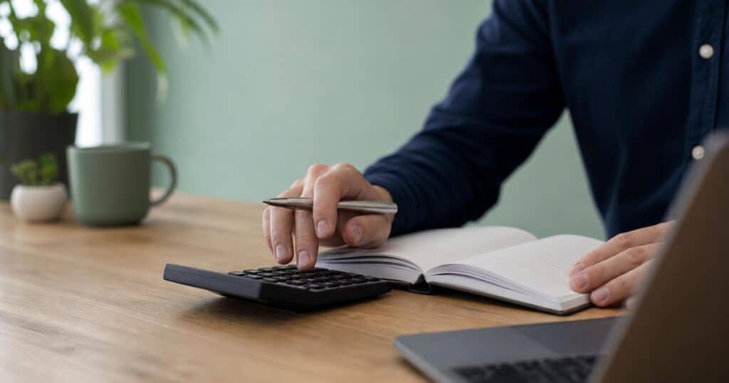 Business owner calculating preliminary tax with a calculator, laptop and diary