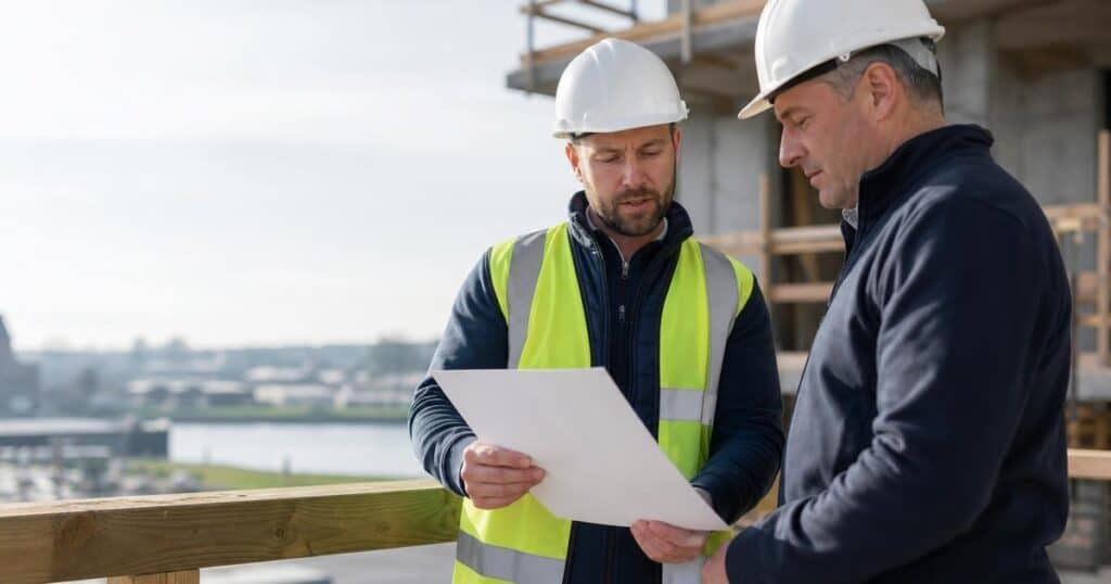 Construction subcontractor and principal contractor reviewing an invoice on site