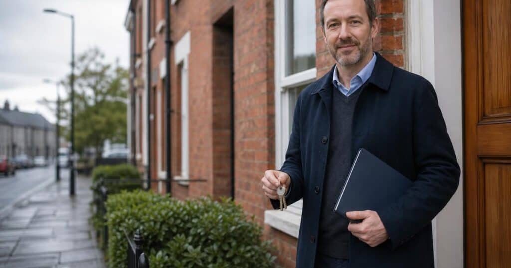 Landlord with keys outside a red-brick Irish terraced house